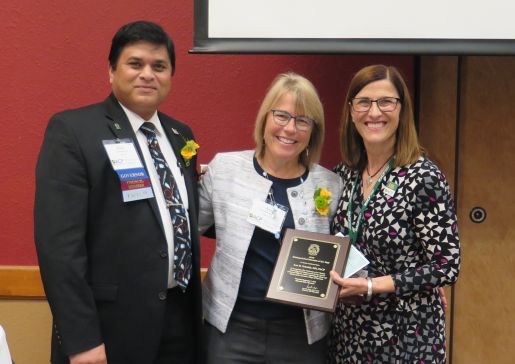 Ann Schmidt, MD, FACP (center), received the Distinguished Internist of the Year award at the 2019 ACP Wisconsin Chapter Scientific Meeting. Pictured with her is Noel Deep, MD, FACP, chapter governor (left), and Christine Seibert, MD, professor (CHS), General Internal Medicine, and associate dean for medical student education and services at the UW School of Medicine and Public Health. (Photo credit: American College of Physicians Wisconsin Chapter)